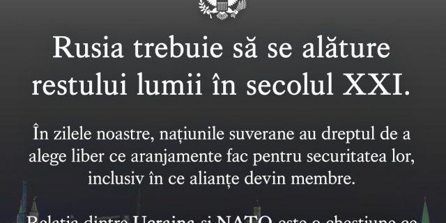 Ambasada SUA la București: Relația dintre Ucraina și NATO este o chestiune ce privește exclusiv Ucraina și cei 30 de aliați NATO. Rusia nu are niciun cuvânt de spus pe acest subiect!
