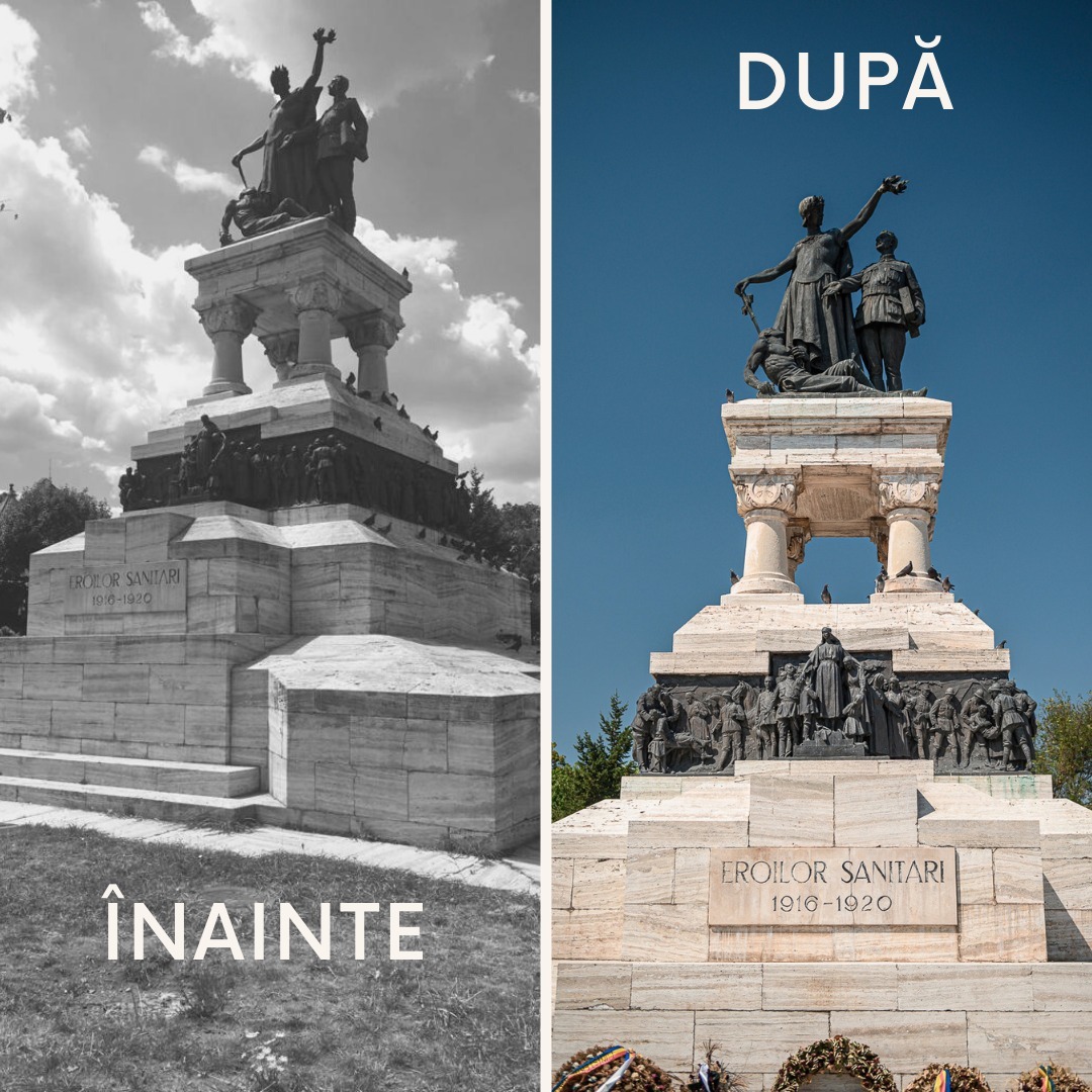 Monumentul Eroilor Sanitari - înainte și după restaurare/ august 2023/ sursa foto: Monument For